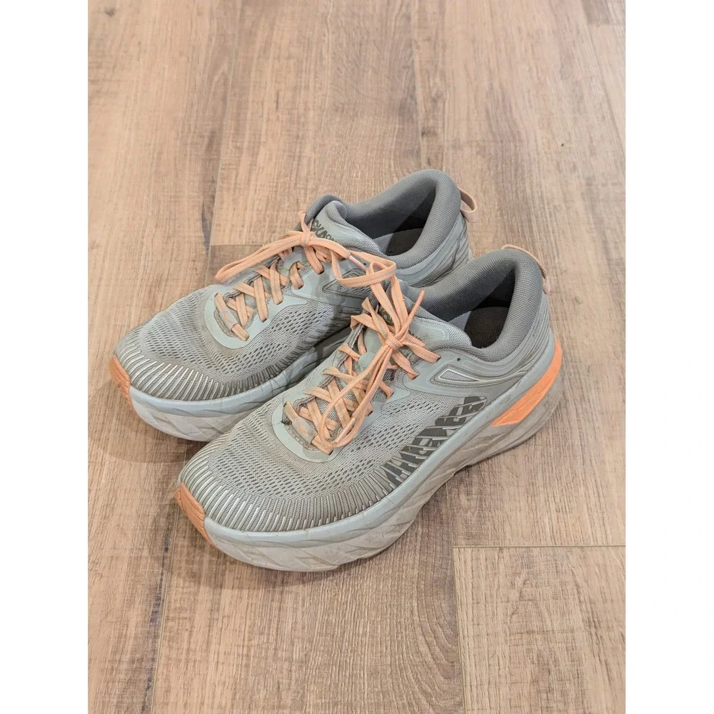 Hoka One One Bondi 7 Womens 9.5 Gray Orange Max Cushion Running Shoes 1110519